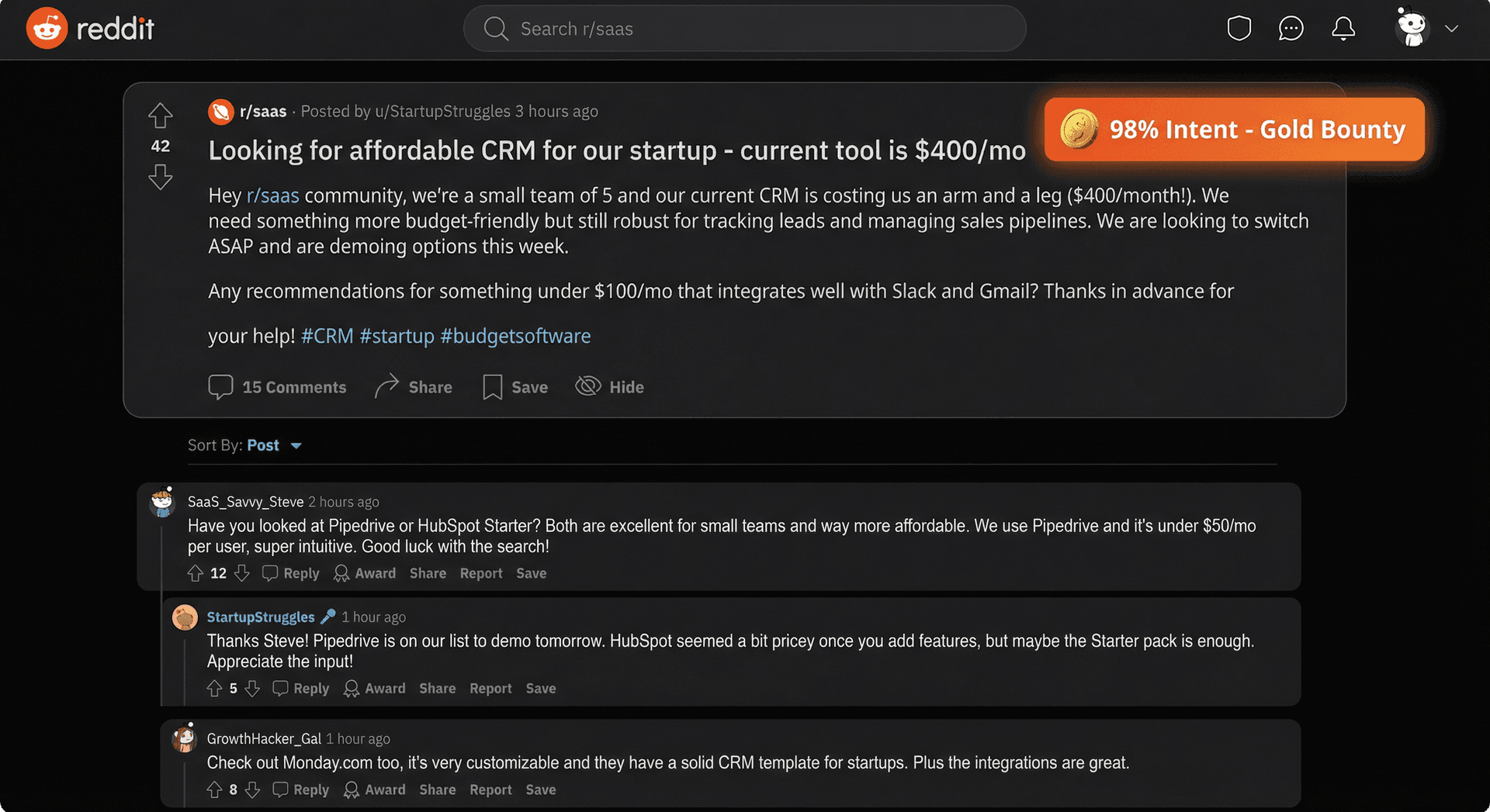 Reddit post example showing high-intent lead WhoPosts surfaced